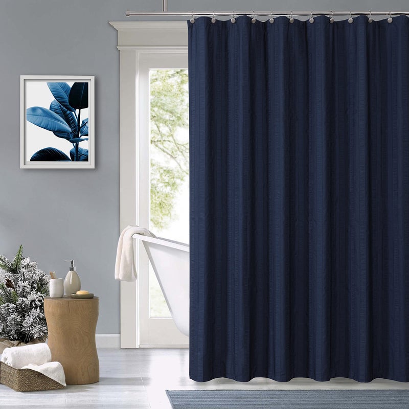 Central Park Navy Blue Shower Curtains Gathered Stripe Seersucker Puckered Ruffle Decorative Pattern for Modern Elegant Bathroom Spa Hotel with Buttonholes 70"x72", Not Waterproof - Image 2